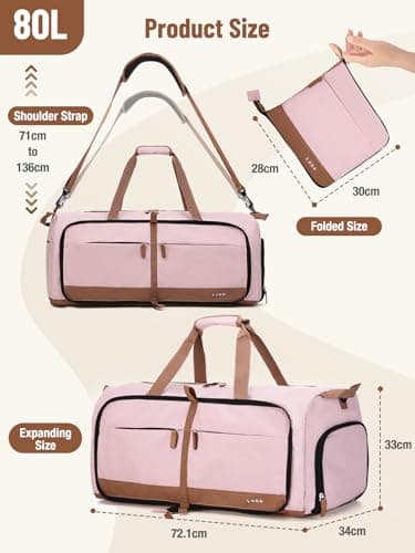 Lekesky Large Foldable Travel Duffe Bag - 80L Waterproof Holdall Luggage Bag with Shoes Compartment, Weekend Overnight Sports Bag for Women and Men(Pink, 72 * 33 * 34cm) — view 3