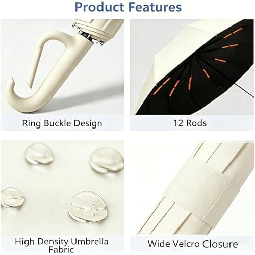 Sumlly Umbrella with Hook Handle, Compact 12 Ribs Umbrella Women Men,Beige — view 5