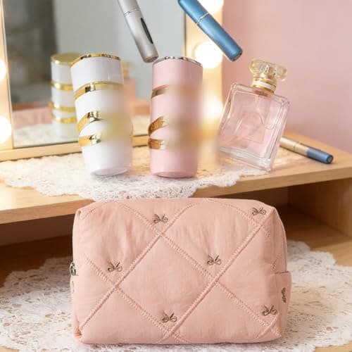 PureBowlic Chic Bow Quilted Travel Makeup Bag For Women, Spacious Polyester Cosmetic Organizer For Stylish Design, Portable Toiletry Storage Pouch,For Beauty Products And Daily Use(Red Bow) — view 3