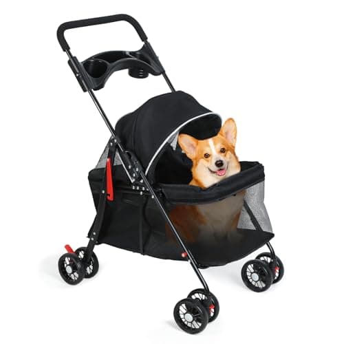 Pet Stroller, 4 Wheels Dog Buggy Cat Stroller, Outdoor Travel Pet Folding Strollers, Dog Cat Cage Strollers with Cup Holder, Breathable and Visible Mesh for Medium Small Dogs (Black)