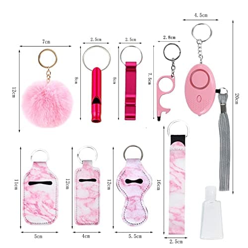 Flymind Safe Keychain Set for Girls with Personal Safety Alarm, Hand Sanitizer Holder, Whistle and Pom — view 2