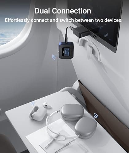 Syntech Airplane Bluetooth Transmitter Receiver for Airpods or Headphones, LED Display Dual Pairs Low Latency Wireless Bluetooth 5.3 Audio Adapter with Dual 3.5mm AUX Adapter for Flight Car Blue — view 6