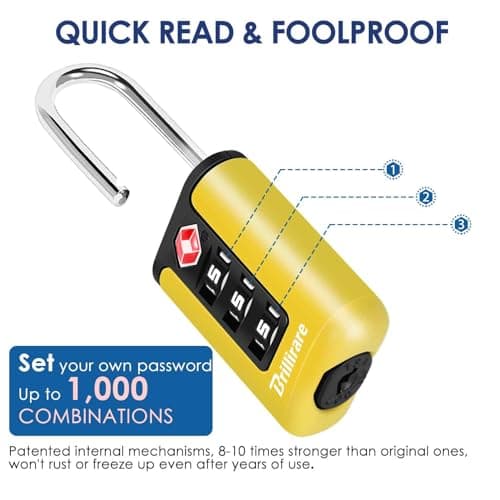BRILLIRARE 2 Pack TSA Approved Luggage Locks, Combination Travel Padlock, 3-Digit Waterproof Lock, TSA Outdoor Keyless Resettable Lock for Lockers, Bags, Backpack, Gym, Gate-Yellow — view 4