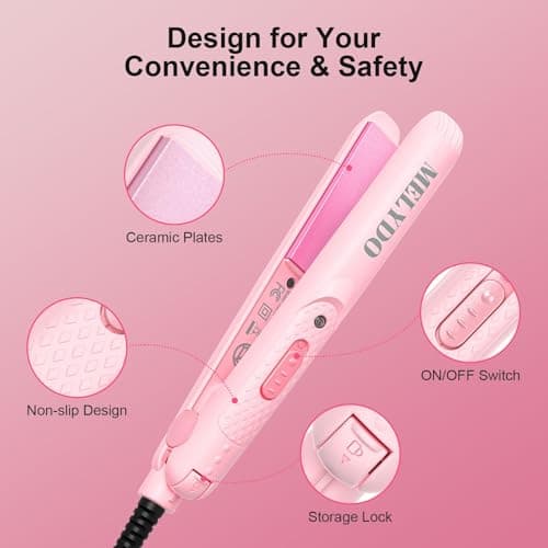 MELYDO Mini Hair Straightener for Short Hair, Small Travel Size Ceramic Straighteners, Quick and Easy Hair Styling, Dual Voltage and UK Plug, 1.8m/6ft Wire, Pink — view 5