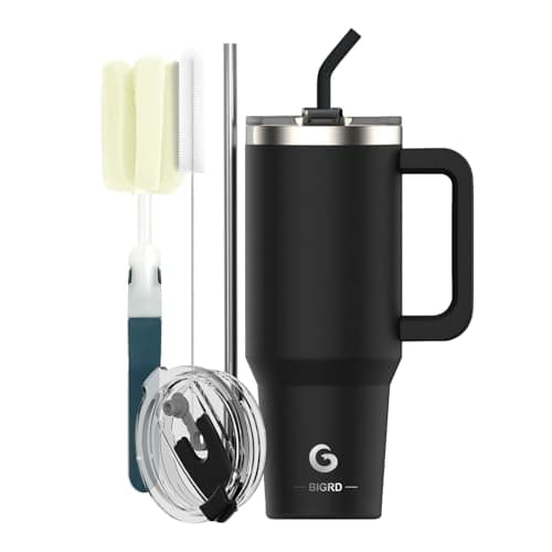 BIGRD Insulated Coffee Cup Travel Mug with Handle and Straw 40oz,Stainless Steel Double Wall Vacuum Leak Proof Water Bottle for Cold Hot 1.2L,BPA-Free,Black