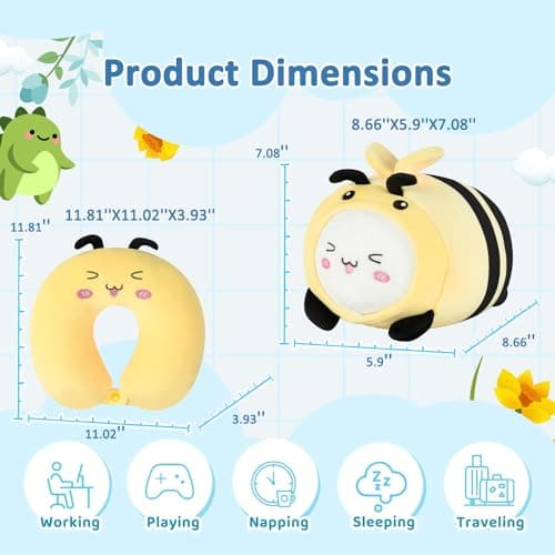 JOYRAVO 2-in-1 Kids Travel Pillow - Soft and Adorable Animals Plush That Converts into a U-Shaped Neck Pillow for Comfort During Airplane, Train, Bus Trip - Yellow Bee — view 2