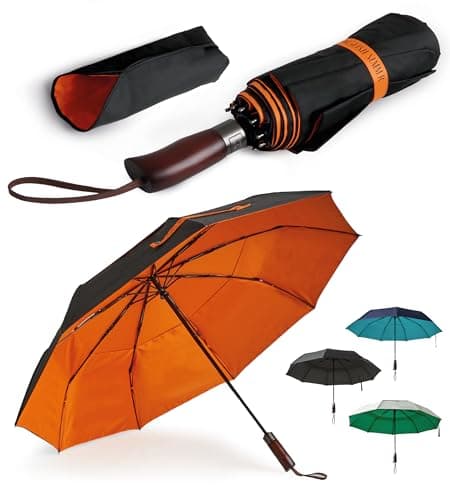 ENGLISH SUMMER Luxury Windproof Umbrella for Rain & Sun: Strong, Automatic, Extra Large Canopy, Vented, Portable Folding, Quality, Real Wooden Handle (Charcoal & Burnt Orange)