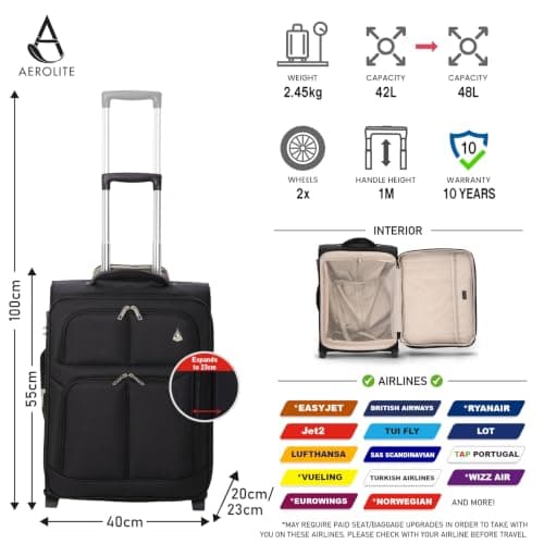 Aerolite Expandable 55x40x20cm to 55x40x23cm Ryanair Priority Max Super Lightweight Carry On Hand Cabin Luggage Suitcase 55x40x20 55x40x23 with 2 Wheels, Approved for Jet2 British Airways & Many More — view 3