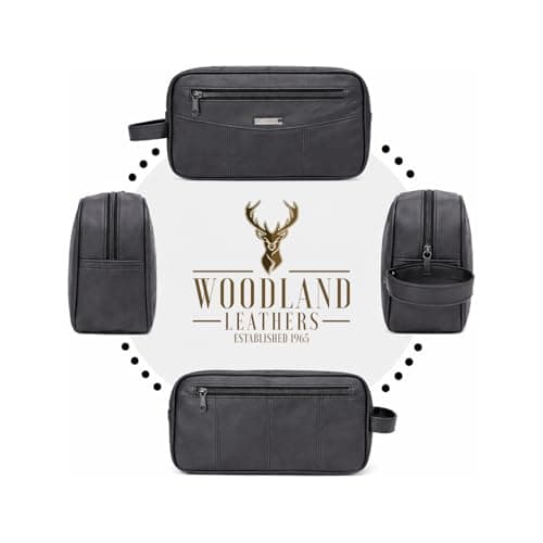 Woodland Leathers Mens Wash Bag, Small Compact Sheep Nappa Toiletry Bag with Top & Back Zips, Travel Small Washbag for Men Fit in Your Carry-on (Black Leather) — view 5
