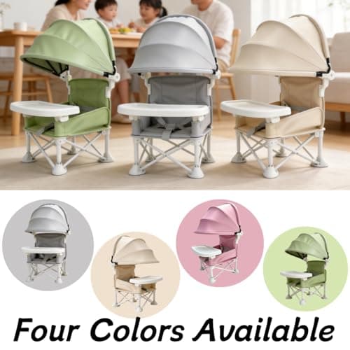 Foldable Baby Travel Seat Booster Feeding Chair for Children Toddlers Infants with Removable Tray & Detachable Sunshade – Toddler Dining Chair for Indoor/Outdoor, Travel, Feeding or Camping (Beige) — view 3