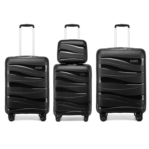 Kono Suitcase Set of 4, Lightweight PP Travel Case & Suitcases for Every Journey, Hard Shell Luggage with Spinner Wheels, TSA Lock & YKK Zips, Cabin to Large Sizes, Black