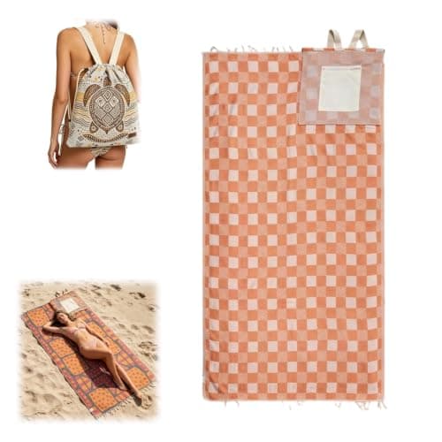 2 In 1 Convertible Beach Towel Bag Backpack, Sand Free Microfiber Beach Towel Backpack, Lightweight Quick Dry Travel Beach Blanket Bag, Packable Mat for Camping & Vacation (Orange)