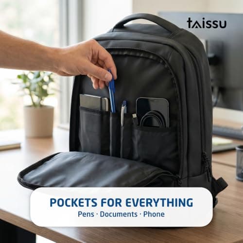 TAISSU - 16 Inch Laptop Backpack - 18L Water-Resistant Backpack - Laptop Compartment, Multiple Pockets and Trolley Strap - Unisex Work and Travel Backpack - Black — view 5