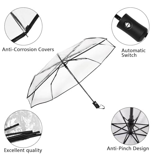 Wisebom Transparent Automatic Folding Clear Tri-fold 8 Ribs Compact Travel Umbrella - Rainproof, Windproof, See Through for Wedding Photography — view 4