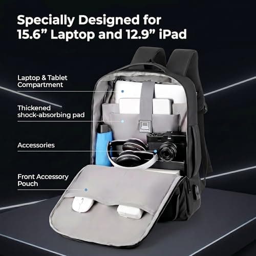 FaVen Laptop Backpack, 15.6 Inch Waterproof Laptop Rucksack with USB Charging Port, Expandable Travel Backpack with Laptop Compartment, Mens Leather Laptop Bag for Work, Business, Travel, Black — view 3
