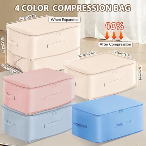 4 Packs Large Space Saving Self Compression Storage Bags for Clothes, Duvets, Bedding, Blankets & Pillows – Foldable Underbed Organiser with Reinforced Handles & 3-Layer Zipper, 52x42x30cm — view 2