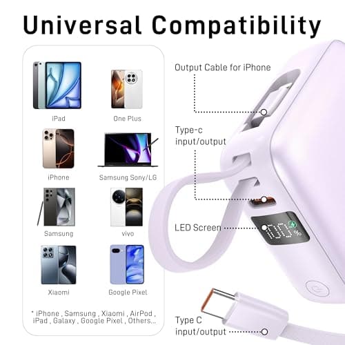 VINKO Small Power Bank with Built-in Cable,10000mAh Fast Charging Power Bank, 22.5W USB C Portable Charger, Mini Battery Pack for iPhone 16 15 14 13 Samsung Galaxy Google Android (Purple) — view 6