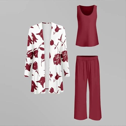 Leisure Wear Sets for Women Uk 3 Piece Co Ords Outfits Long Sleeve Cardigan Vest Top Wide Leg Trousers Suits Summer Casual Slim Tracksuit Floral Comfy Loungewear Elegant Travel Wedding Guest Outfits — view 4