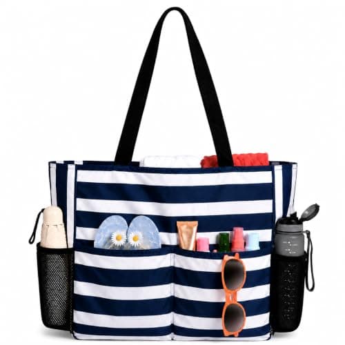 TAHAVICE Large Beach Bags for Women, Waterproof Summer Beach Tote Bag with Zip and 8 Pocket, Holiday Lightweight Bags for Travel & Pool