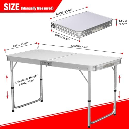 4ft Folding Table, 3 Adjustable Heights Camping Table (55/62/70 cm), Aluminum Trestle Table with Load Capacity of 50kg, Portable Picnic Table with Carrying Handle Perfect for Indoor and Outdoor Use — view 2