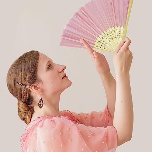 Grantop 4 Pcs Black Folding Hand Fan, Silk Fabric Bamboo Ribs Handheld Fan, Folding Chinese Fan for Wedding Christmas Party Prom Festival DIY Home Decorations (Pink) — view 2