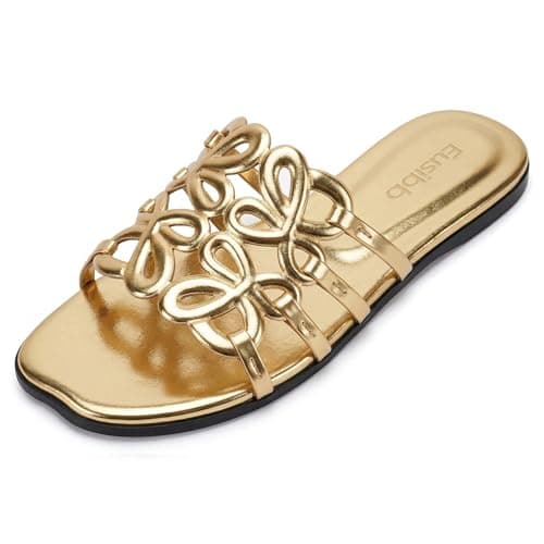 Eusibb White Flat Sandals for Women 2026 Luxury Open Toe Dressy Slip On Sandals Comfortable Slides for Summer, Gold-flats, 8 UK — view 4