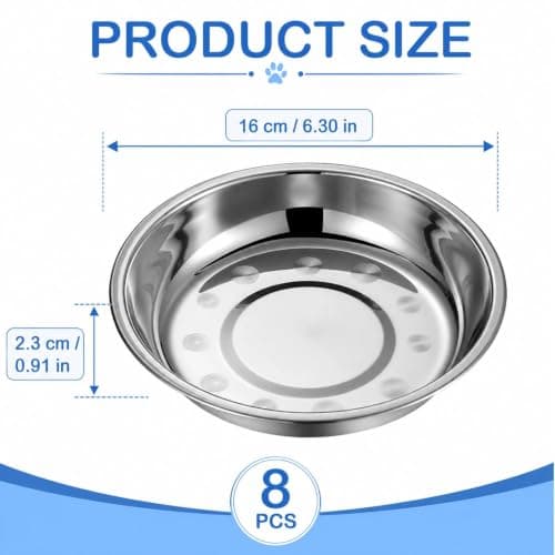 8 Pcs Stainless Steel Cat Bowl Set, Wide Shallow Kitten Feeding Plates, Whisker Friendly Flat Metal Dishes for Cat Food and Water, Dishwasher Safe, for Small Dogs and Pets — view 2