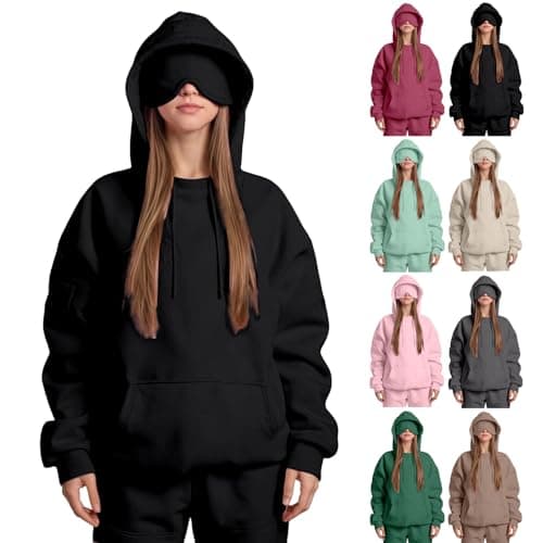 Hoodie With Built In Eye Mask Plus Size Hooded Sweatshirts With 3 Pocket Oversized Airplane Mode Travel Hoodie Office Work Travel Sleeping Long Sleeve Pullover Fleece Tops 01 Black M