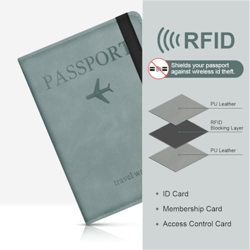 AOOSU Passport Holder Cover, PU Leather Passport Cover with RFID Blocking Travel Wallet, Portable Universal Travel Wallet Case Organiser for Money, Boarding Passes, Credit Cards Sky Blue — view 5