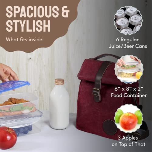 ASEBBO Insulated Lunch Bag for Men, Women - 10L Waxed Canvas Cool Bag with Genuine Leather Handle and Strong Buckle Closure, Reusable Lunch Cooler Bag for Adults Work School Picnic Food (Cherry Red) — view 3