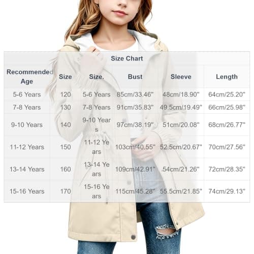 Beige Girls Waterproof Jacket Windproof Hooded Raincoat Outdoor 13 Years — view 4