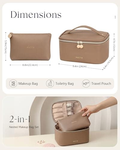 Prite Makeup Bag Toiletry Case for Women with Brush Holder, Beige, 2Pcs Set — view 2