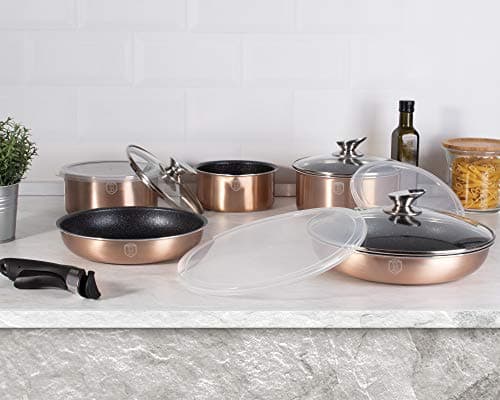 12 Pcs Colorful Space Saving Cookware Frying Pan Sauce Pan Casserole Pot Set Induction Lid Handles (Rose Gold) — view 2