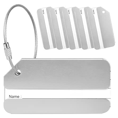 Yizhet Luggage Tags, 6 Pcs Suitcase Tags Aluminum Alloy with Steel Loop & Waterproof Name ID Card for Travel Bag, Checked Luggage, Suitcases, Laptop Bags, Backpacks, 8 x 4cm, Silver