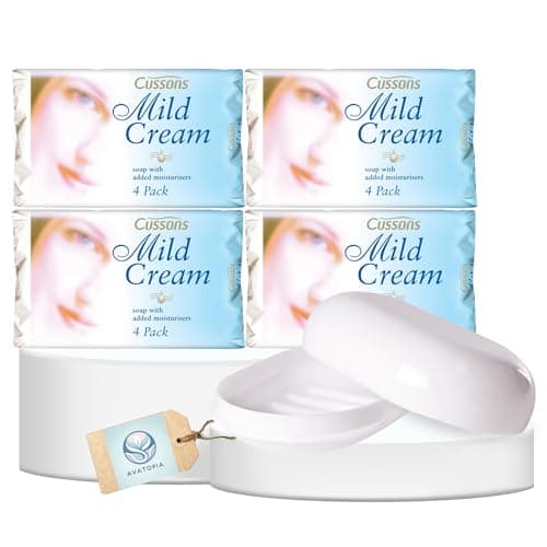 Cussons Soap Mild Cream Bars of Soap Multipack 4x85g with Soap Tray & Lid – Toilet Soap, Soap Bars Multipack, Bulk Soap Bars, Cussons Hand Wash, Bars of Soap for Bathroom Travel Gym