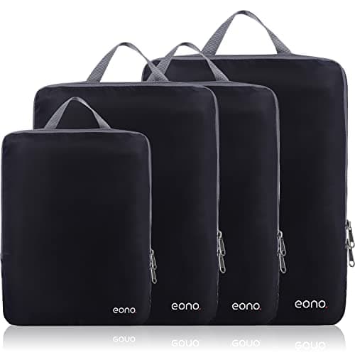 Eono 3/4/6 Piece Compressible Packing Cubes for Organising Your Travel Luggage Compression Packing Cube Packing Bags Set & Luggage Organiser for Backpack & Suitcase, 4 Piece Black, M