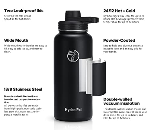 HydroPal Vacuum Insulated 1L Stainless Steel Water Bottle with Dual Lids — view 2