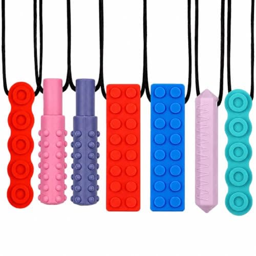 KASURE 7PCS Sensory Chew Necklaces for Kids, Multi-Shape Silicone Chew Toys