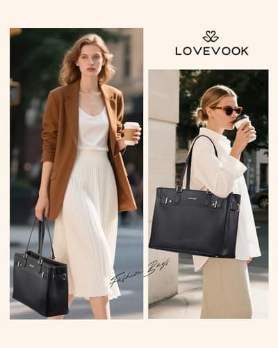 LOVEVOOK Laptop Handbags for Women, 15.6 Inch Tote Bags Large Ladies Work Bags with Compartments, PU Leather Shoulder Hand Bags with Large Cup Holder for for Work/College/Travel, Black — view 2