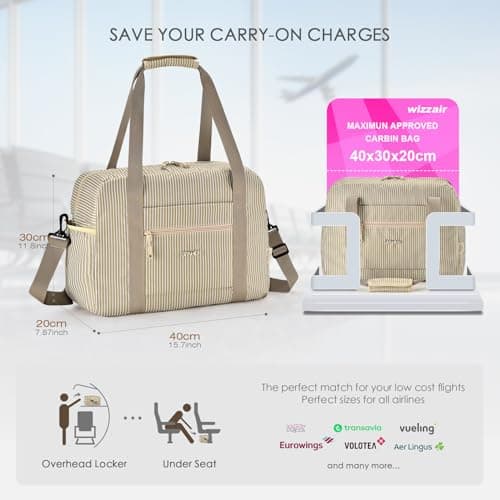 SPAHER for Ryanair Cabin Bags 40x30x20 Underseat Wizzair Carry on Hand Luggage Foldable Travel Duffel Bag 25L Holdall Tote for Women and Men for Travel Overnight Hospital Weekend, Khaki Stripe — view 3