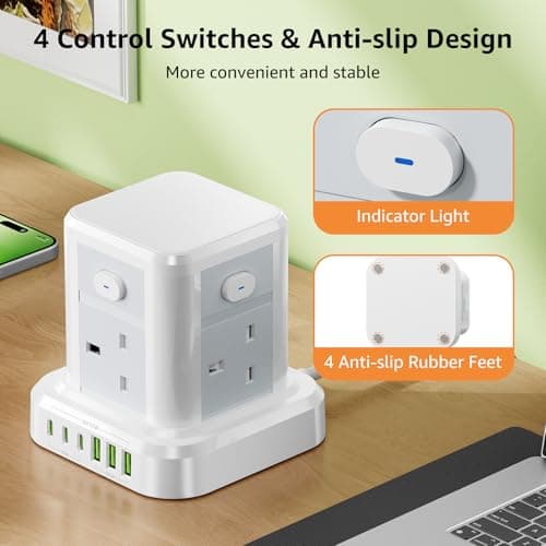 Cube Extension Lead with USB Slots, 4 Way Multi Plug Extension Socket with 3 USB C 3 USB A(13A/3250W) Tower Power Strip with 4 Independent Switches 1.5M Extension Cords for Desk Home Office Travel — view 3