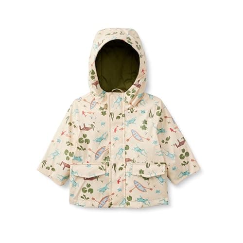 Amazon Essentials x Sofia Grainge Baby Boys' Water-Repellent Rain Jacket, Light Tan Frogs, 12 Months