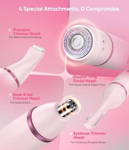 Facial Hair Remover for Women,4-in-1 Bikini Trimmer Women,USB C Mini Lady Shavers with 4-Level Battery Indicator (25%, 50%, 75%, 100%) Eyebrow Razor,Nose Trimmer,for Face Nose/Ear Body,Pink — view 2