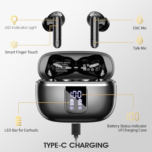 Wireless Earbuds, Bluetooth 5.4 Headphones with 4 Noise Cancelling Mic, 46H In-Ear Buds with 3D Bass Stereo, Small Ears, LED Display, Calls Sports Workout, IPX7 Earphones for Android iOS. Black — view 5