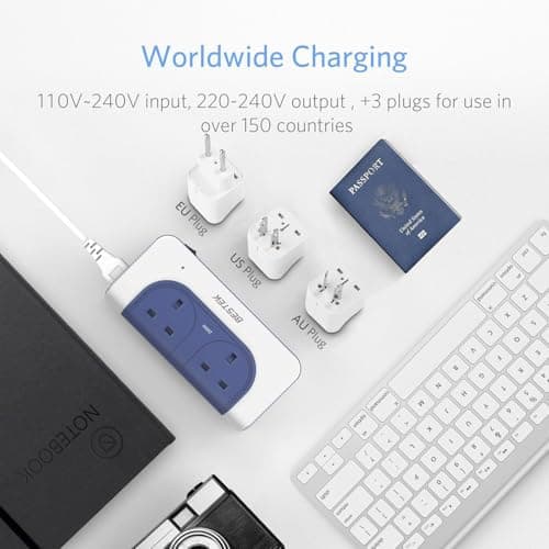 BESTEK Voltage Converter 110V to 230V Step Up Transformer with 4-Port USB Charging US/EU/AU Adapter UK to US Travel Charger, White-Blue — view 2