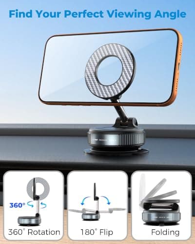 PlusAcc Vacuum Magnetic Phone Holder for Car - Suction Phone Mount 360°Rotatable Foldable Portable Strong Magnet Stand for iPhone17/16/15/14/13/12 Pro/Pro Max on Mirror, Smooth Surface, Windscreens — view 5