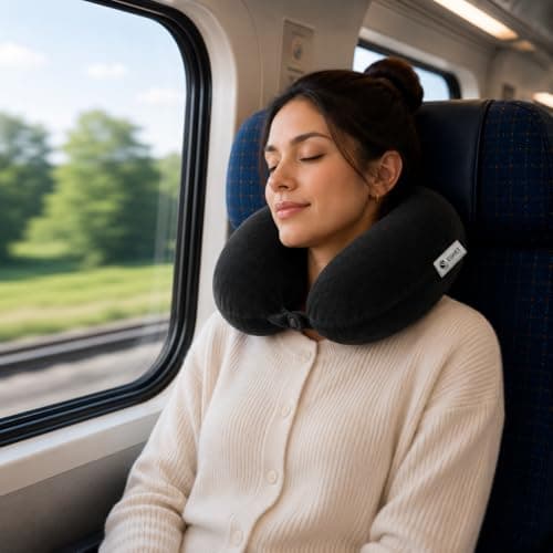 Egret Memory Foam Travel Neck Pillow, 360° Head, Neck & Chin Support, 2-Level Adjustable Neck Pillow for Travel with Removable Washable Cover, for Long Flights (Black — view 2