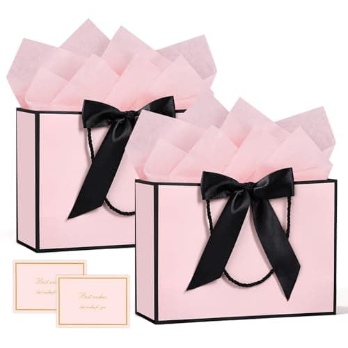 BBLIKE Medium Gift Bags for Present - 2 Pcs Birthday Gift Bag with 4 Wrappers and 2 Cards, Luxury Paper Bags with Handles for Girls Womens Wedding Party Christmas Valentines Bridesmaid (Pink Black)