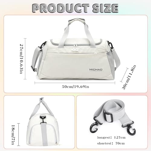 Large Gym Bag Duffle Bag with Shoes Compartment for Women Men, White — view 5