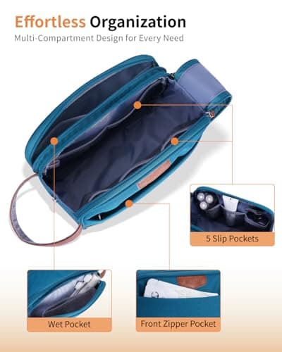 ECOHUB Wash Bag for Men, Water-Resistant Travel Toiletry Bag with Wet Pocket, Recycled Dopp Kit Shaving Bag Fit Full Size Toiletries, Wide-Open Dual Zipper Cosmetic Makeup Organizer Bag, Blue Green — view 4